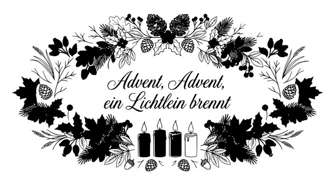 Elegant Advent Advent ein Lichtlein brennt vector card with candles and winter greenery