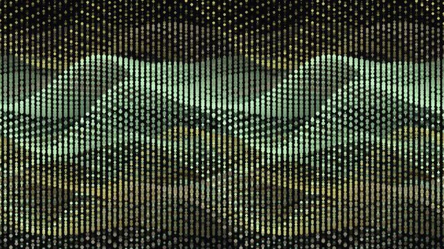 Abstract digital dots motion background with shimmering vertical pixel columns creating a dynamic, undulating green wave pattern on a dark screen, perfect for technology and data visuals.