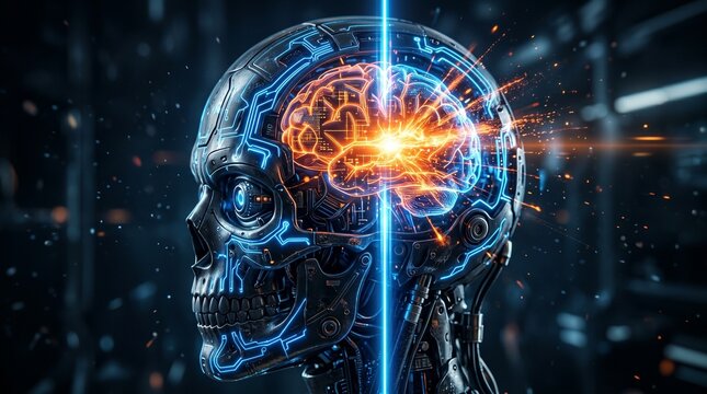 A futuristic robotic skull with a glowing brain and blue circuitry is split by a laser beam in a dark technological laboratory setting.