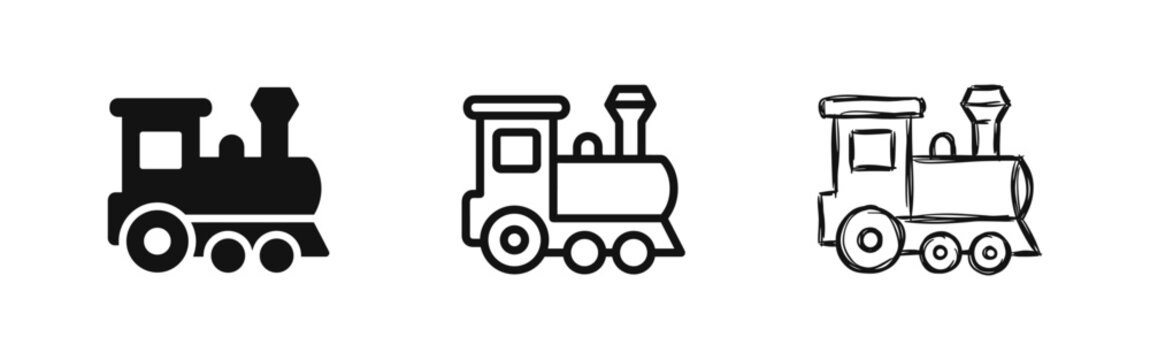 Toy steam train icons in solid, outline, and hand-drawn styles