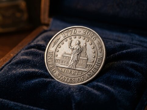Silver commemorative coin marking the United States semiquincentennial with the Liberty Bell hall and date 1776 to 2026. National symbol of American history and patriotic milestone.