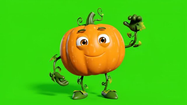Animated pumpkin character waving hello with a friendly expression in a studio setting during autumn