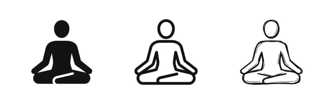 Yoga meditation person icons in solid, outline, and hand-drawn styles