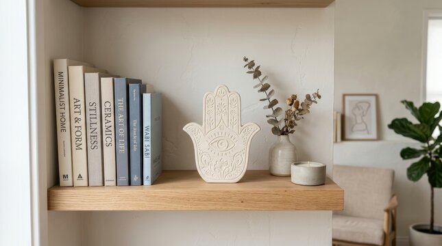 Hamsa hand sculpture standing on a wooden shelf next to books and a vase with dry plant. Home interior decor accessory with spiritual symbol for meditation, zen, or mindfulness.