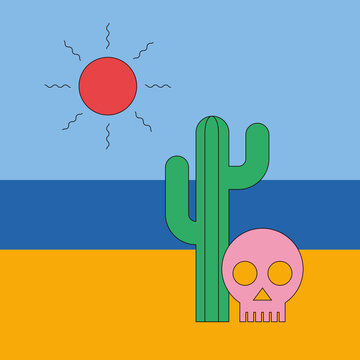 Colorful Desert Coastal Scene with Cactus, Skull and Bright Sun