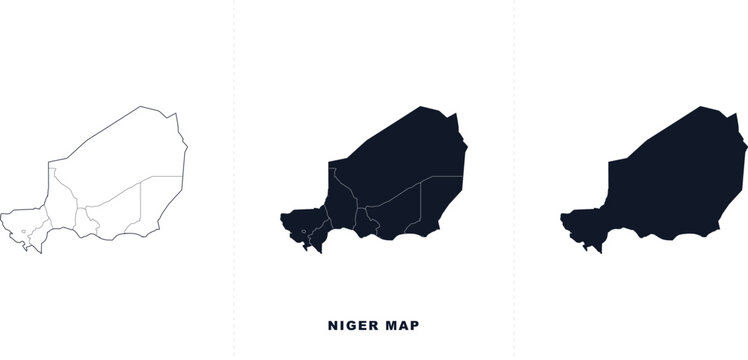Set of niger map with administrative regions, outline, silhouette and solid shapes