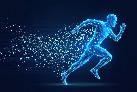 Digital human runner sprinting with glowing network particles