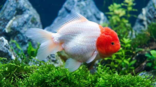 Oranda Goldfish Swimming Gracefully in a Lush Aquarium Environment.