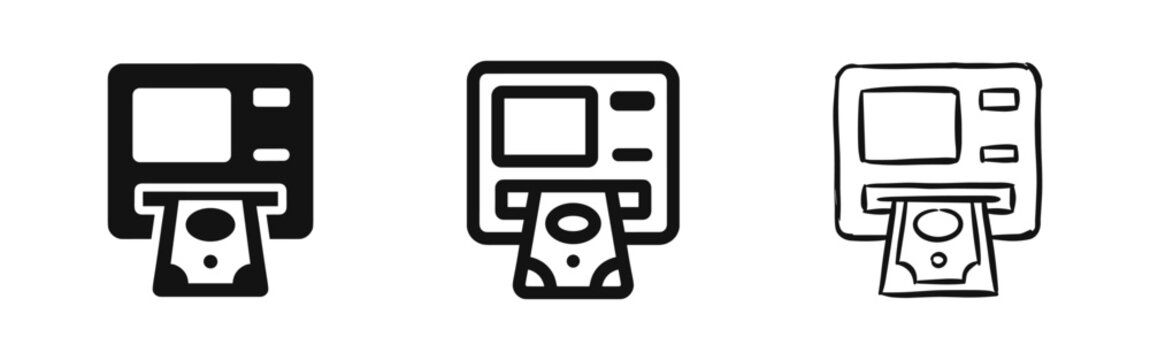 ATM Machine with Cash Icon Set in Solid, Outline, and Sketch Styles