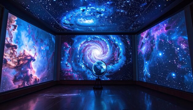 Futuristic study room with a celestial map projecting real time constellations on the walls and ceiling creating an immersive cosmic space theme.