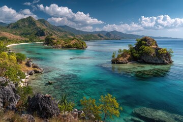 Obraz premium Tropical coastline with turquoise water, rocky islands, distant mountains under blue sky