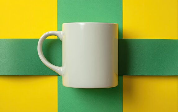 Plain white mug centered on a striking yellow and green geometric paper background