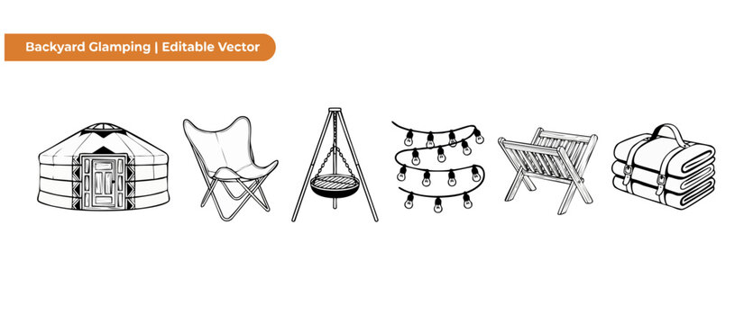 Glamping line art icons vector set featuring camping elements and yurt in black and white sketch style for outdoor recreation design, campsite graphics, cozy backyard camping, and travel adventure pac