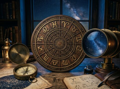Zodiac wheel with horoscope signs on a wooden table. Astrology concept with compass and antique telescope. Celestial map for fortune telling and study of stars in a vintage library.