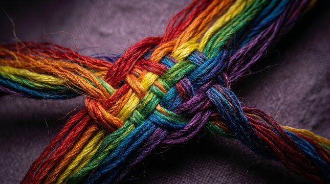 Rainbow threads woven into a strong knot, symbolizing LGBTQ+ unity, pride month concept, intersectionality, diversity and inclusion, intricate macro texture of colorful string.