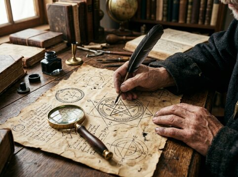 Elderly man writing on ancient parchment with feather quill. Alchemist drawing magic symbols at wooden table. Historical researcher studying occult manuscript with magnifying glass.