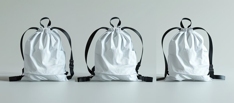 Three minimalist, drawstring backpacks with black straps, set against a solid, light grey background