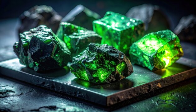 Rough chunks of uranium ore emitting a subtle green glow, displayed on a geologic surface.