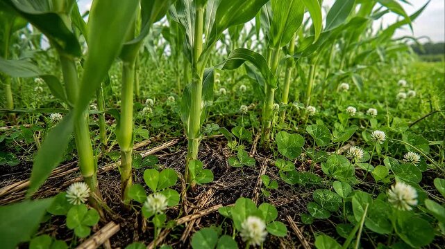 Carbon neutral agriculture cover crop with young corn seedling stem and leaf plus clover flowers creating lush sustainable soil and crop health scene