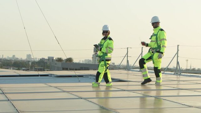 Two engineers in safety clothing with helmet check solar system at rooftop with city view. Engineers walk alongside rows of solar panels. Man and woman workers inspecting solar farm on roof in evening