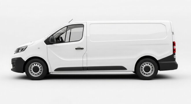 White blank cargo van mockup, delivery truck, side view on light background.