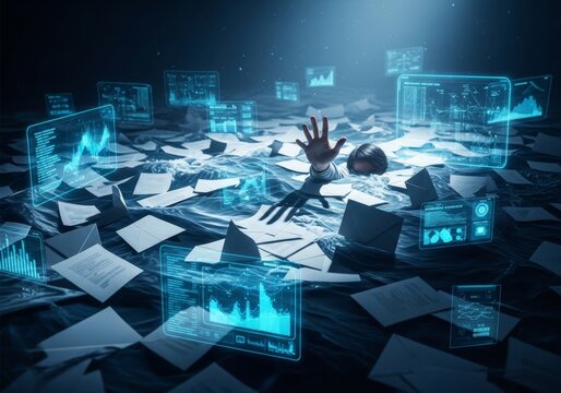 Woman drowning in sea of paperwork and digital data. Employee overwhelmed by workload and information overload. Concept of stress, burnout and corporate pressure in modern business.