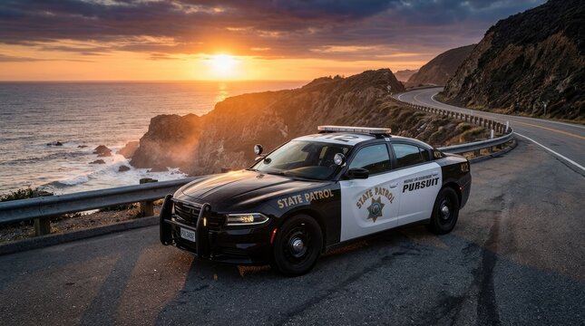 California state patrol car on a coastal road at sunset