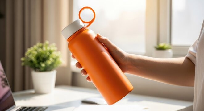 A hand holds orange insulated water bottle against blurred room background.