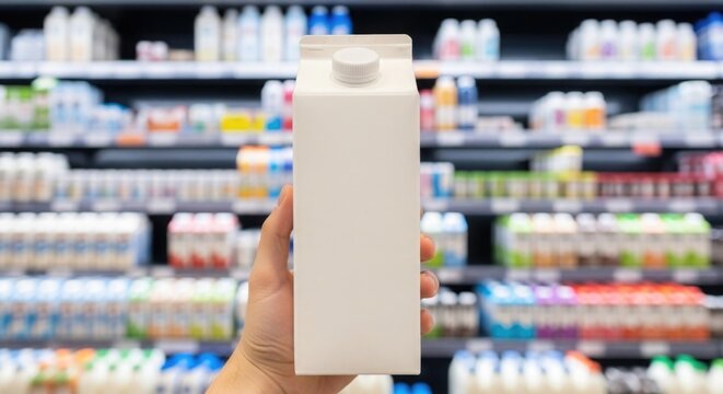 A hand holds white blank milk or juice carton with blurred supermarket background.