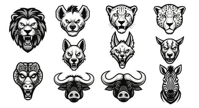 Wild animal heads in illustration.