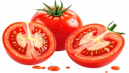 Fototapeta premium Vibrant red tomatoes, one whole and two halves, glistening with water droplets