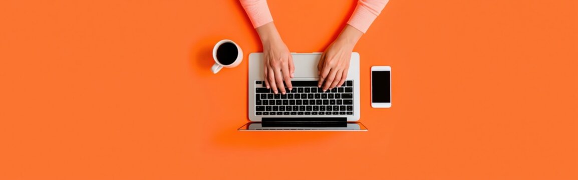 Laptop and computer on orange background for business office work flat lay typing