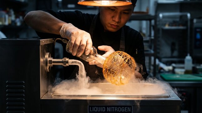 Skilled pastry chef creates an intricate sugar sphere using cold liquid nitrogen in professional kitchen