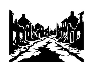 Obraz premium Black and white silhouette of a destroyed city street in ruins after war