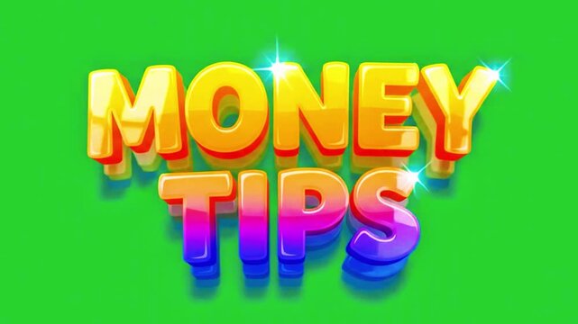 Vibrant animated text "MONEY TIPS" featuring shiny effects over a green screen. Ideal for financial advice, investment guides, saving money, and business planning videos