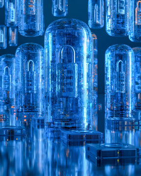 Blue Transparent Data Capsules In Futuristic Storage System