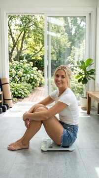Healthy woman sitting on a bathroom scale at home monitoring weight and wellness