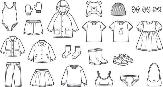 Children s Clothing Collection Black And White Vector Illustration
