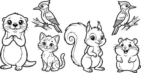 Naklejka premium Collection Of Forest Animals Black And White Vector Illustration