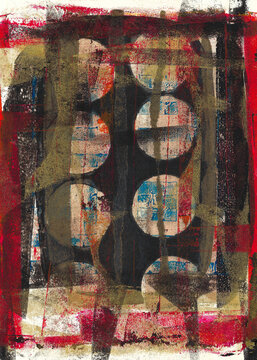 Brutalist and industrial abstract composition with overlapping circles, dark tones, and red slashes