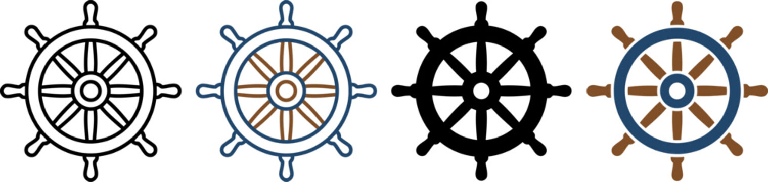 Four different ship helm steering wheel icons in various colors and styles side by side