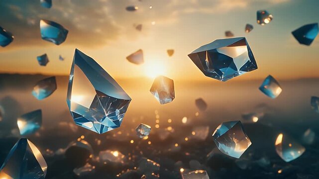 Abstract floating blue crystal gems reflecting warm sunset light over a misty landscape