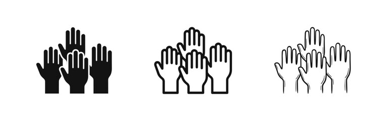 Fototapeta premium Raised hands icon set representing teamwork, volunteering, and diversity in three styles