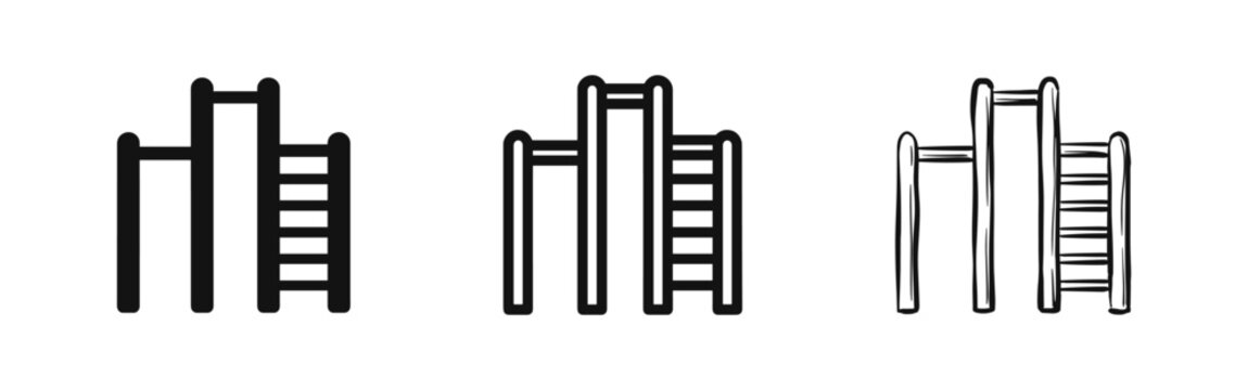 Playground monkey bars gymnastic equipment icon set in three styles