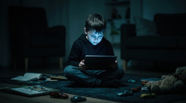 Young boy sitting on floor at night playing on a digital tablet in a dark room, glowing screen, addicted child, late technology use, screen time, childhood technology addiction.