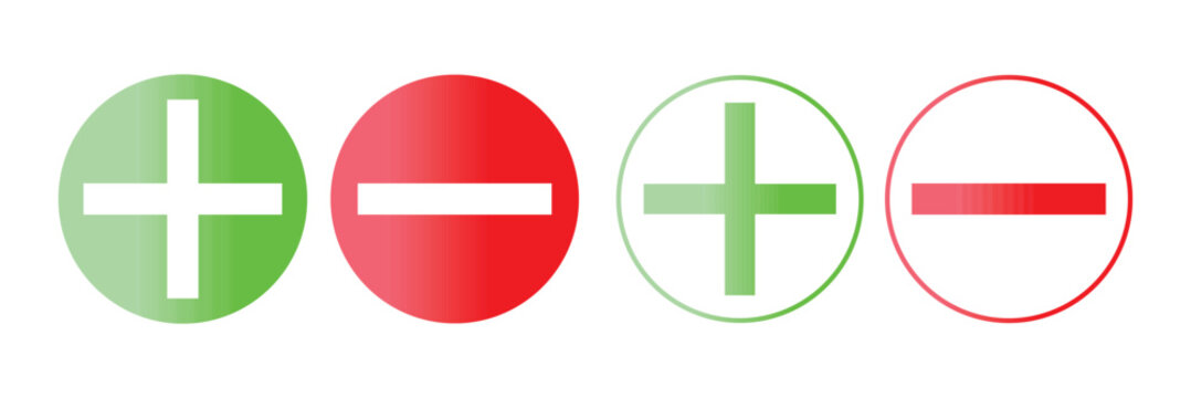 Plus and minus icon set. Add and remove symbols featuring  solid and stroke gradient style in a circle with Green and red colors. Simple flat design Isolated on white Background.