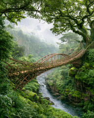 Fototapeta premium Lush Forest Footbridge Over River In Magical Green Valley