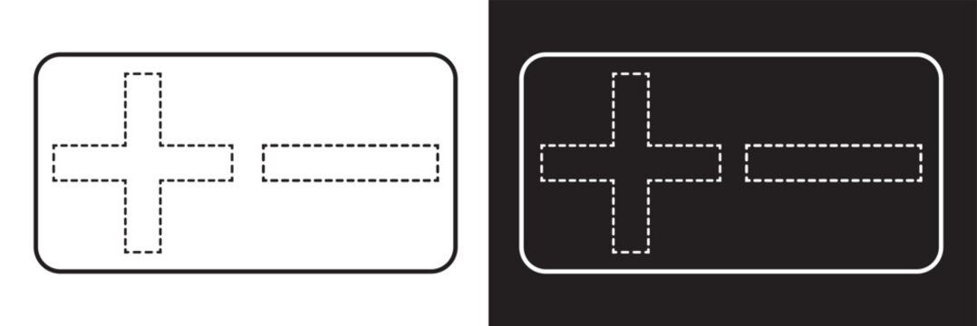 Plus and Minus line icon set. Add and remove signs. Positive and negative symbols Isolated on black and white background. Editable stock line art.
