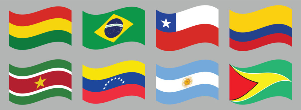 South America country flags vector icons set. Complete collection of South American national flag symbols in flat design. Set of round web buttons for travel, education, and geography apps. Vector EPS