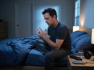 Fototapeta premium Man tracking sleep score on smart ring beside bed at 4am concept